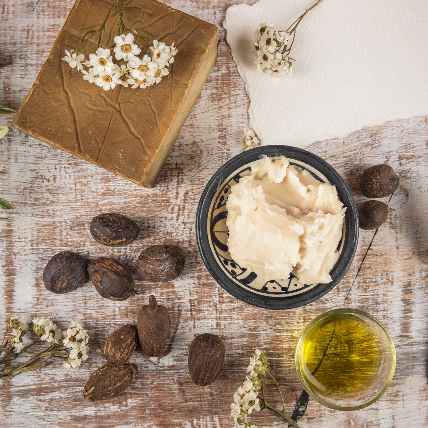 Photo of our natural skincare ingredients including shea butter and oil